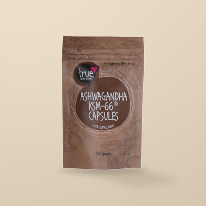 True Natural Goodness Ashwagandha KSM-66 240mg – 90 Capsules — original product packaging on warm beige background