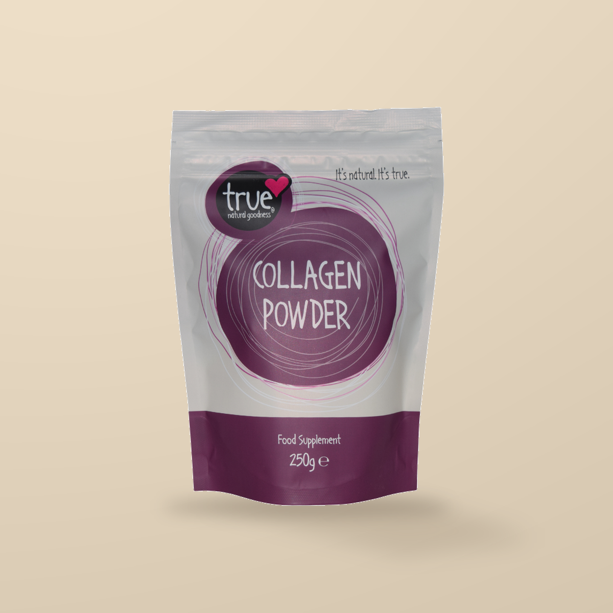 True Natural Goodness Bovine Collagen Powder – 250g — original product packaging on warm beige background