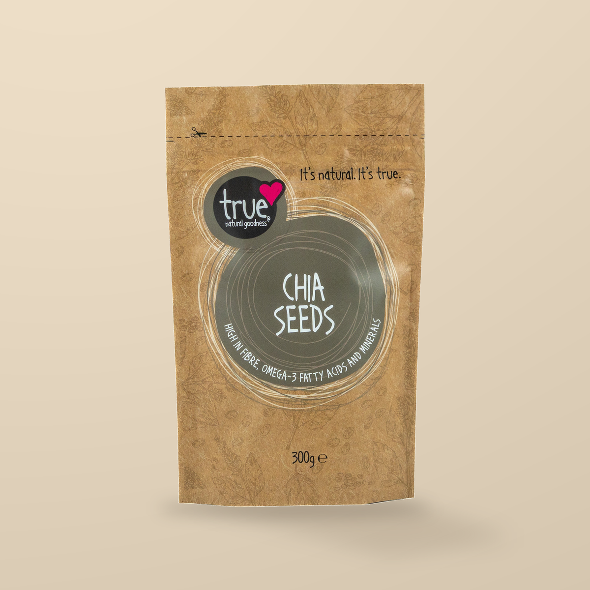 True Natural Goodness Chia Seeds – 300g — original product packaging on warm beige background