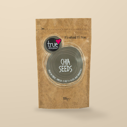 True Natural Goodness Chia Seeds – 300g — original product packaging on warm beige background