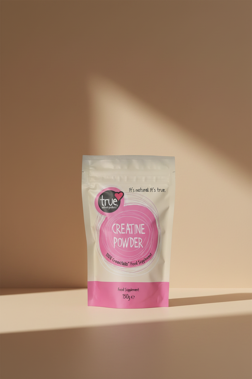 A 150g stand-up pouch of True Natural Goodness Creatine Powder food supplement, featuring a cream-colored background with a large pink circular graphic and a pink bottom band.