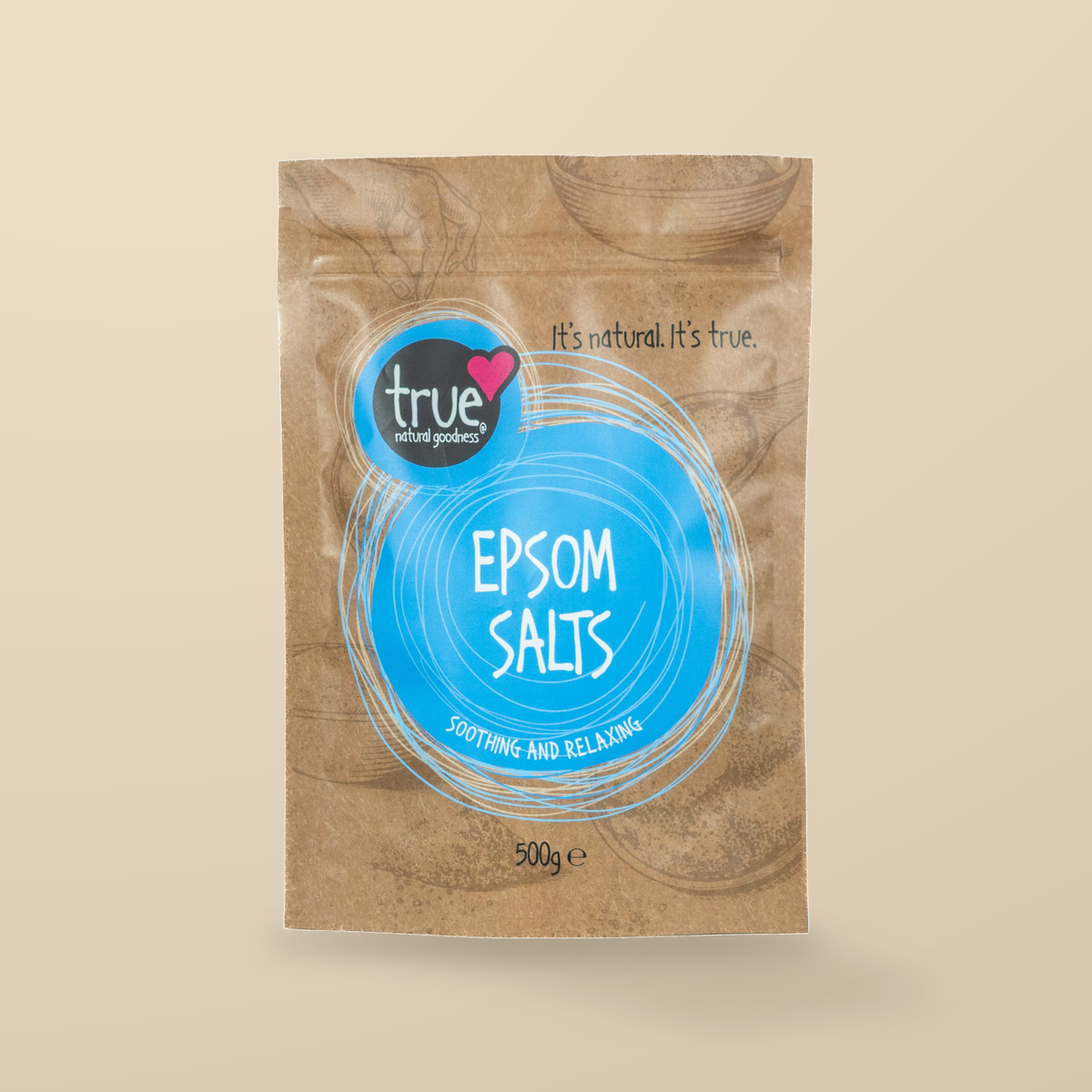 True Natural Goodness Epsom Salts – 500g — original product packaging on warm beige background