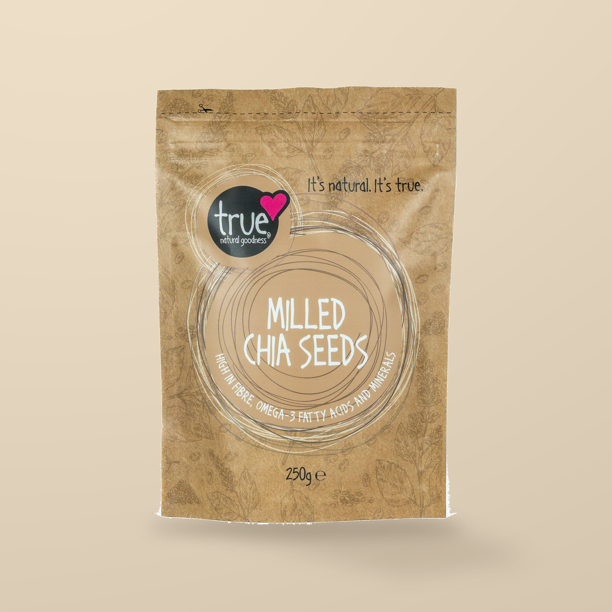True Natural Goodness Milled Chia Seeds – 250g — original product packaging on warm beige background