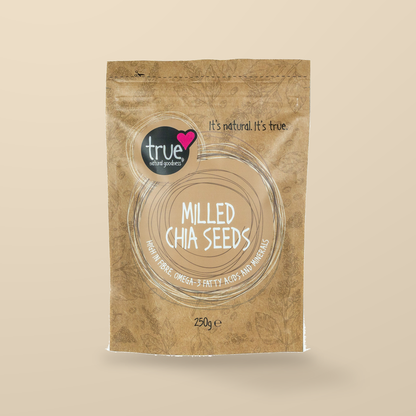 True Natural Goodness Milled Chia Seeds – 250g — original product packaging on warm beige background