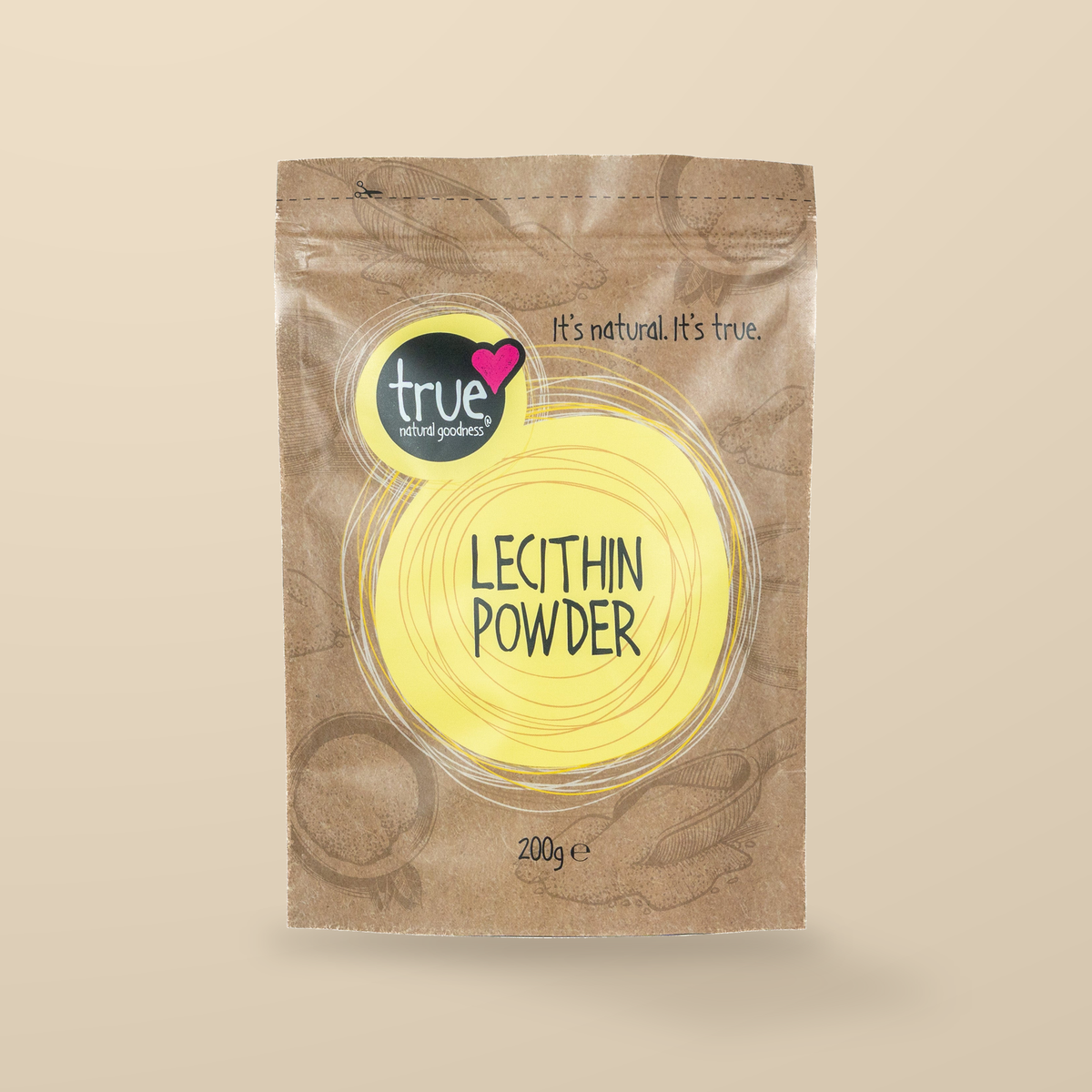 True Natural Goodness Non-GMO Soya Lecithin Powder – 200g — original product packaging on warm beige background