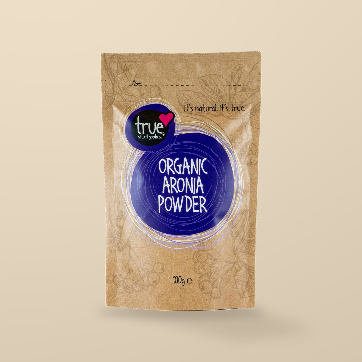 True Natural Goodness Organic Aronia Powder – 100g — original product packaging on warm beige background