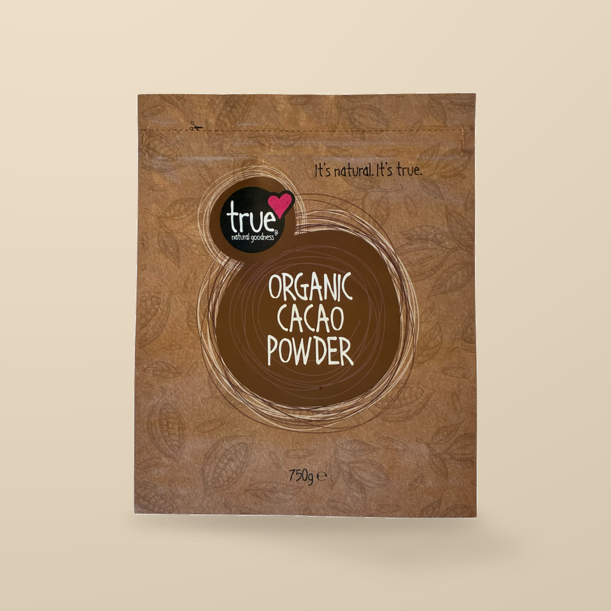 True Natural Goodness Organic Cacao Powder – 750g — original product packaging on warm beige background