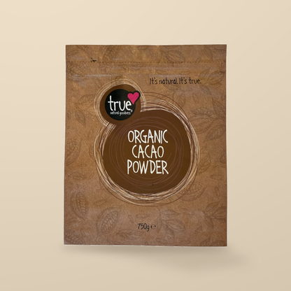 True Natural Goodness Organic Cacao Powder – 750g — original product packaging on warm beige background