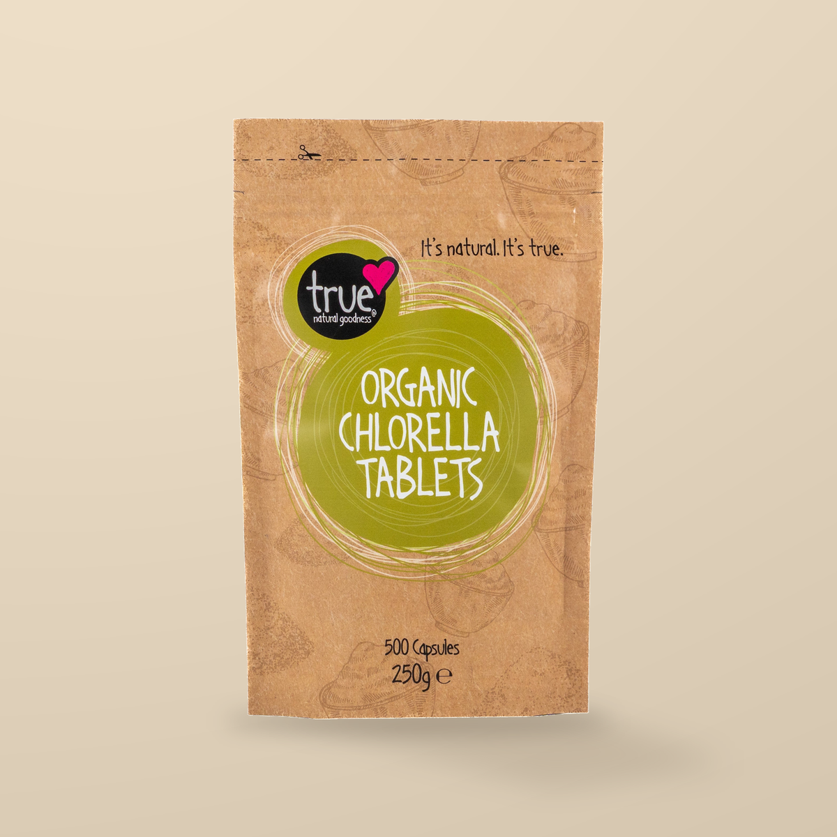 True Natural Goodness Organic Chlorella – 500 Tablets / 250g — original product packaging on warm beige background