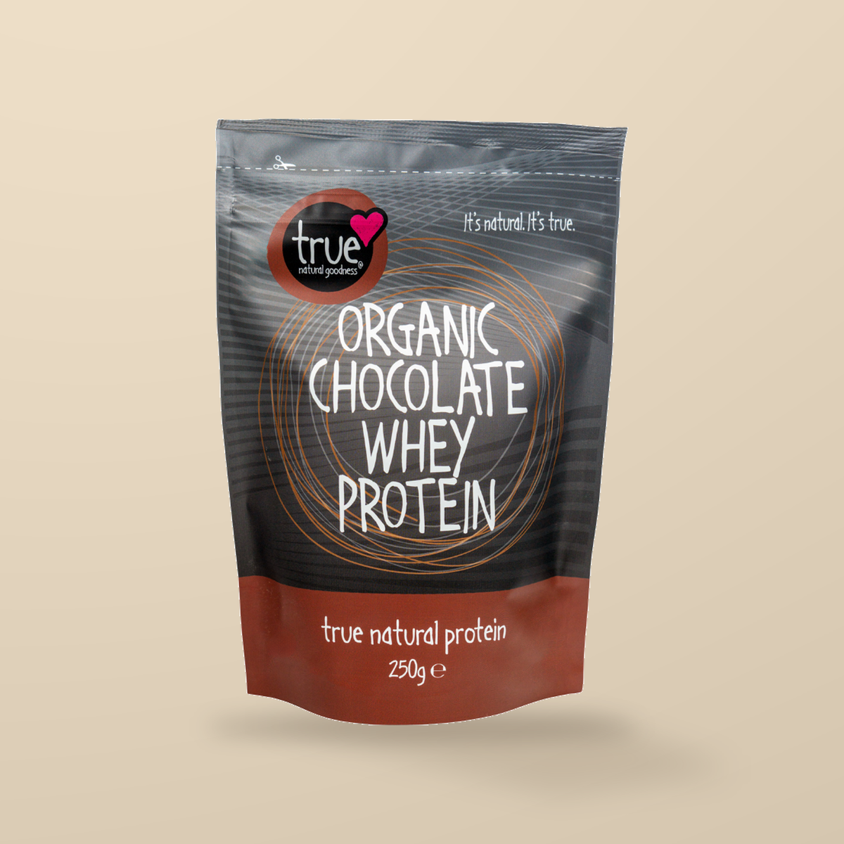 True Natural Goodness Organic Chocolate Whey Protein – 250g — original product packaging on warm beige background