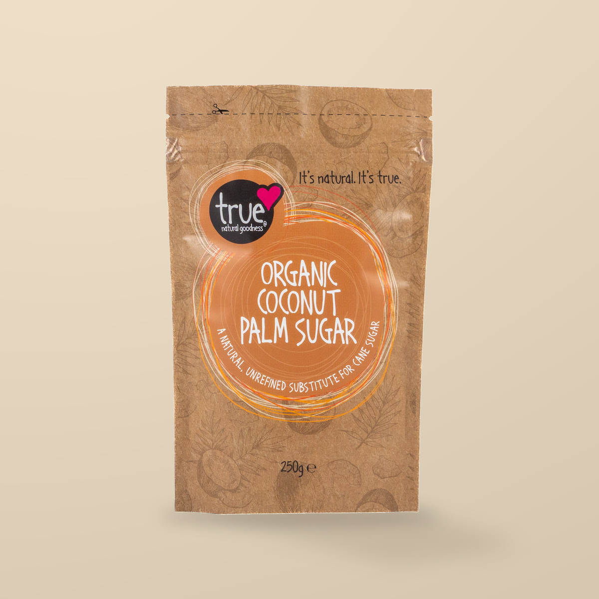True Natural Goodness Organic Coconut Palm Sugar – 250g — original product packaging on warm beige background