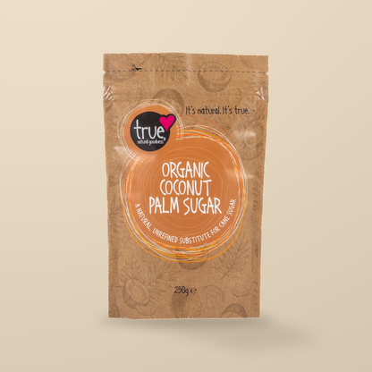 True Natural Goodness Organic Coconut Palm Sugar – 250g — original product packaging on warm beige background