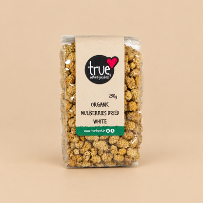 True Natural Goodness Organic Dried White Mulberries – 250g product pack on beige background