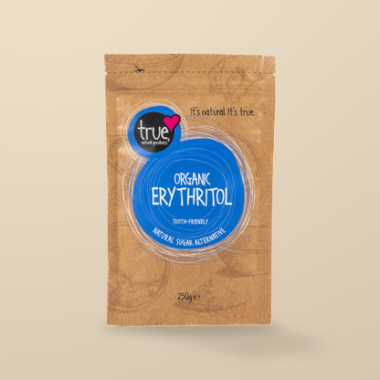 True Natural Goodness Organic Erythritol – 250g — original product packaging on warm beige background