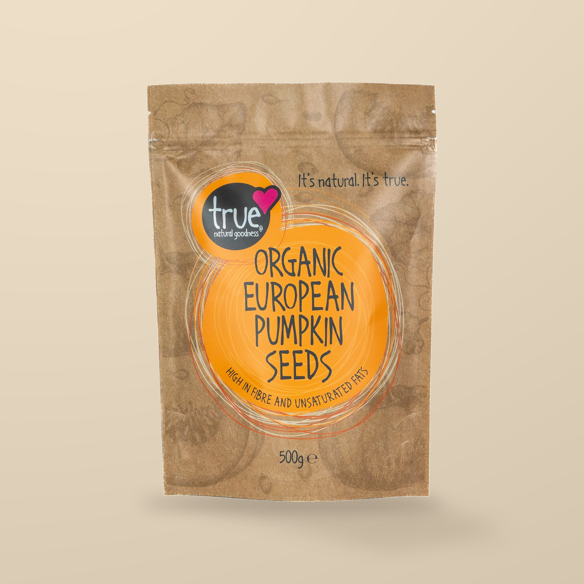 True Natural Goodness Organic European Pumpkin Seeds – 500g — original product packaging on warm beige background