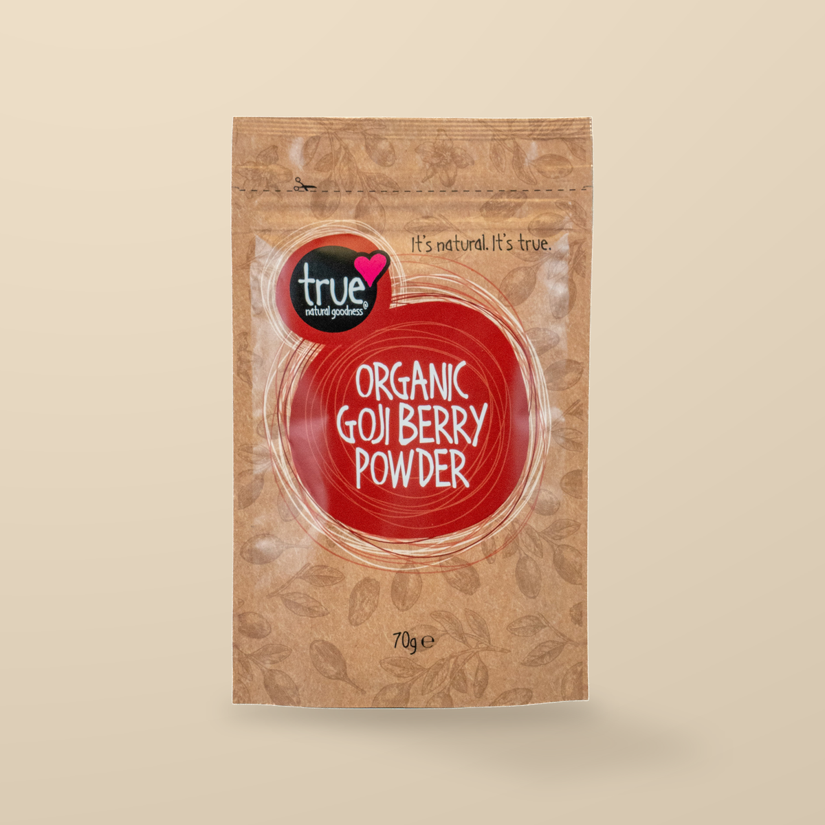 True Natural Goodness Organic Goji Berry Powder – 70g — original product packaging on warm beige background