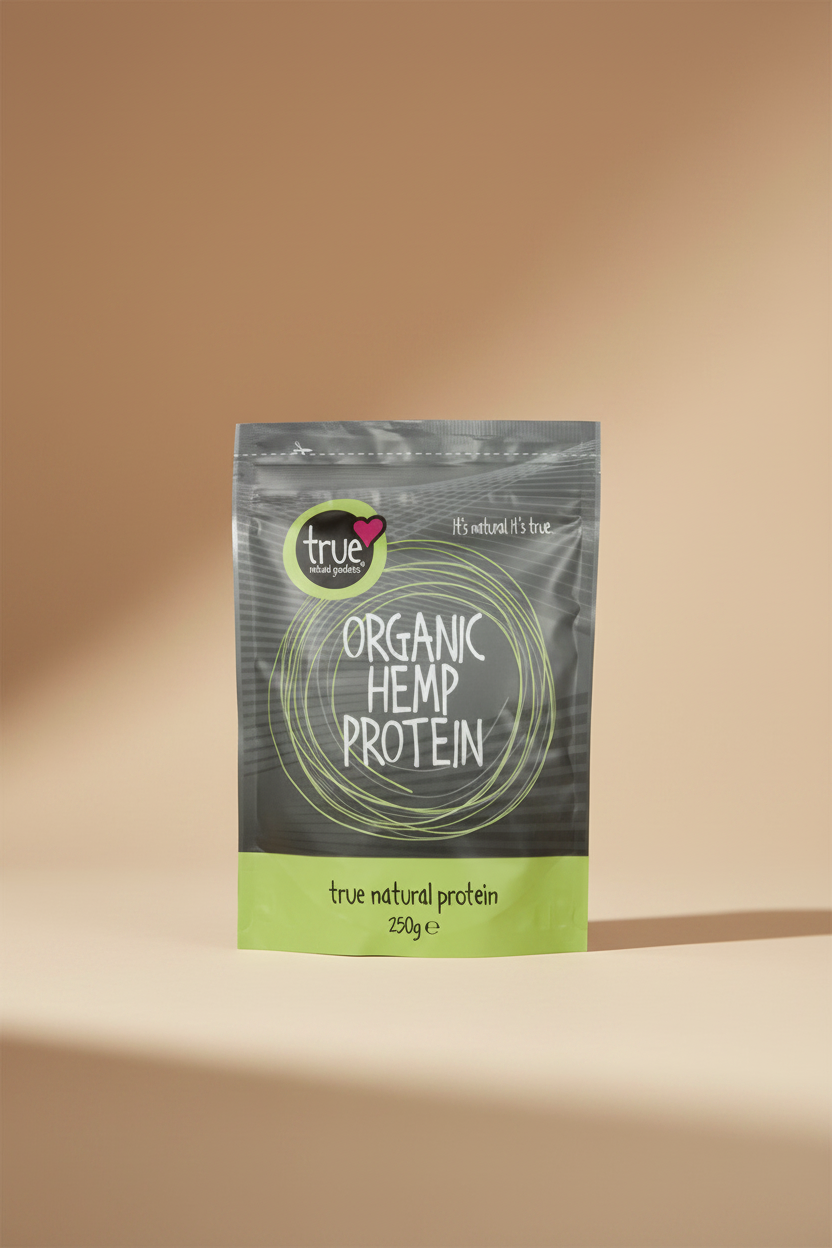 A 250g pouch of True Natural Protein Organic Hemp Protein on a plain white background.