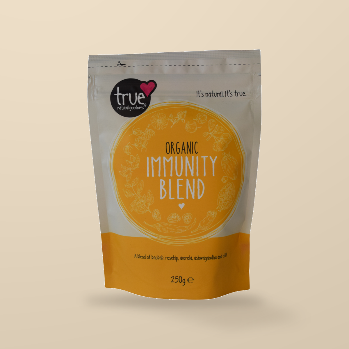 True Natural Goodness Organic Immunity Blend – 250g — original product packaging on warm beige background