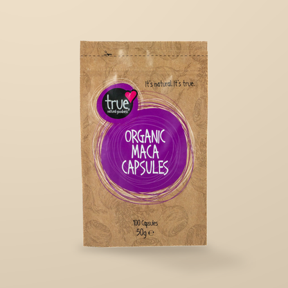 True Natural Goodness Organic Maca 500mg – 100 Capsules — original product packaging on warm beige background