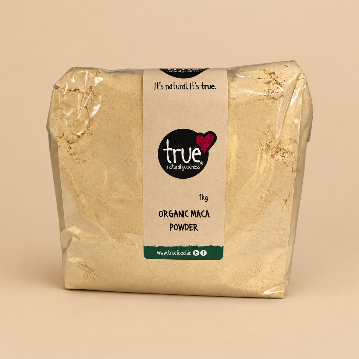 True Natural Goodness Organic Maca Powder – 1kg product pack on beige background