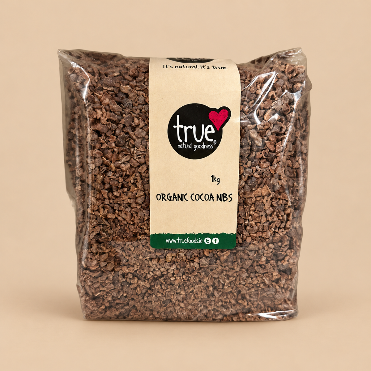 True Natural Goodness Organic Raw Cacao Nibs – 1kg product pack on beige background