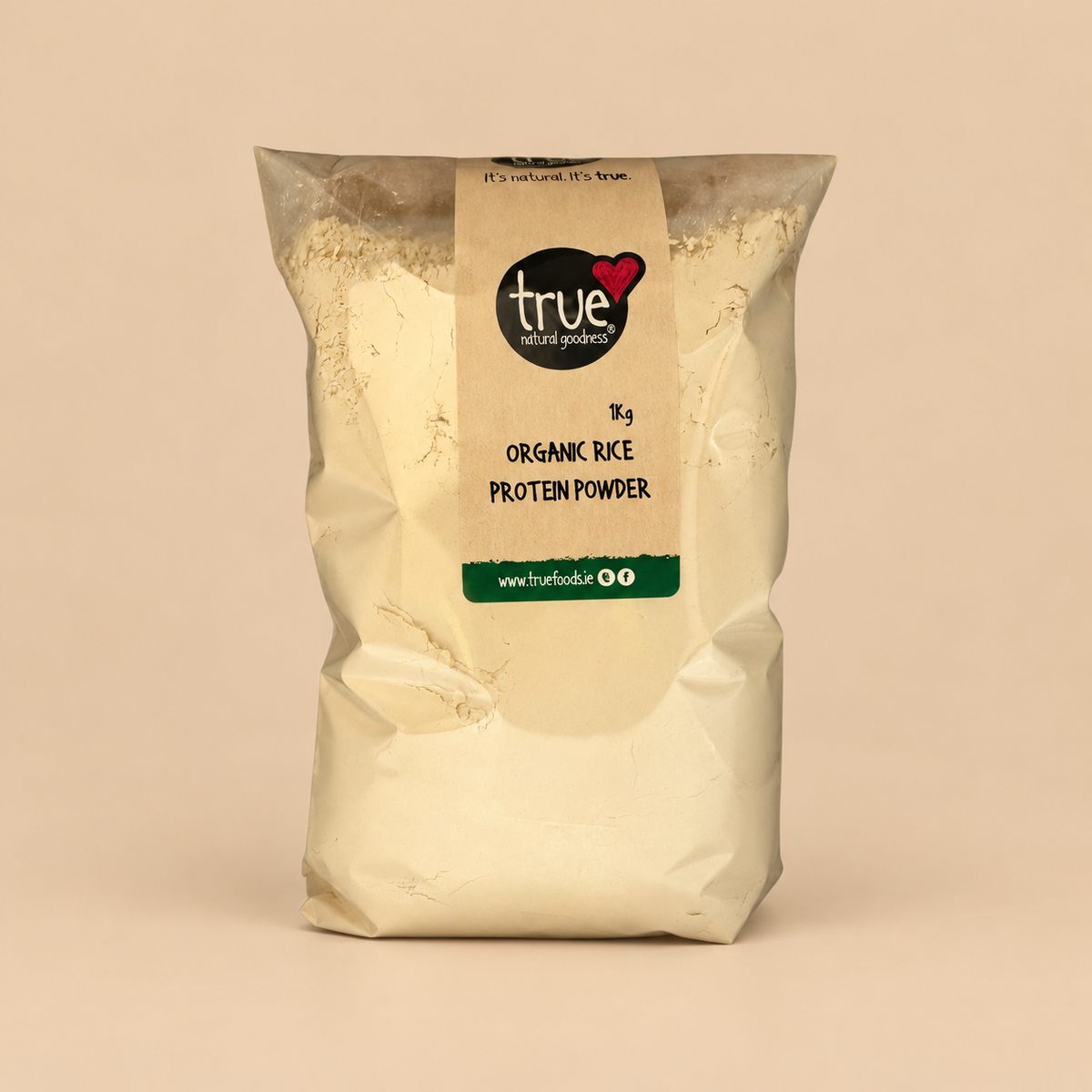 True Natural Goodness Organic Rice Protein Powder – 80% Protein – 1kg product pack on beige background