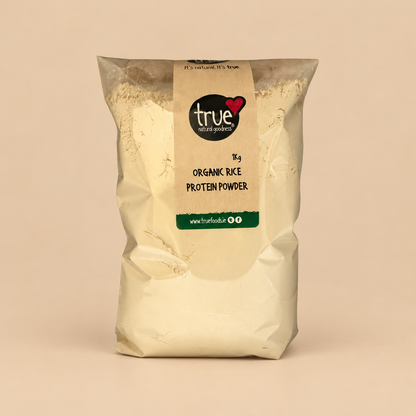 True Natural Goodness Organic Rice Protein Powder – 80% Protein – 1kg product pack on beige background