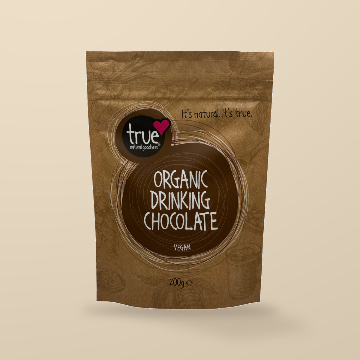 True Natural Goodness Organic Vegan Drinking Chocolate – 200g — original product packaging on warm beige background
