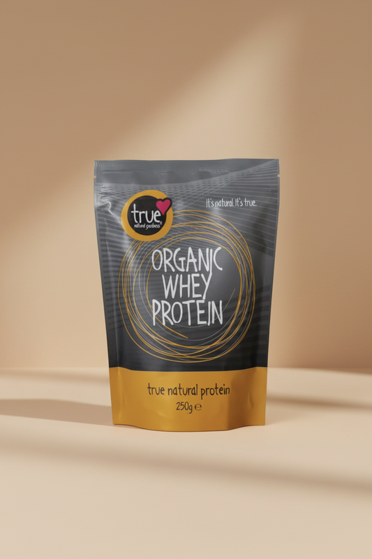 A 250g stand-up pouch of True Organic Whey Protein. The packaging features a dark gray top half with white text and gold circular line art, and a mustard yellow bottom band with black text.