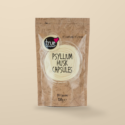 True Natural Goodness Psyllium Husk 600mg – 180 Capsules — original product packaging on warm beige background