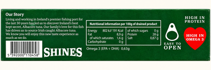 Shines Irish Albacore Tuna in Olive Oil – 111g — complete readable product label