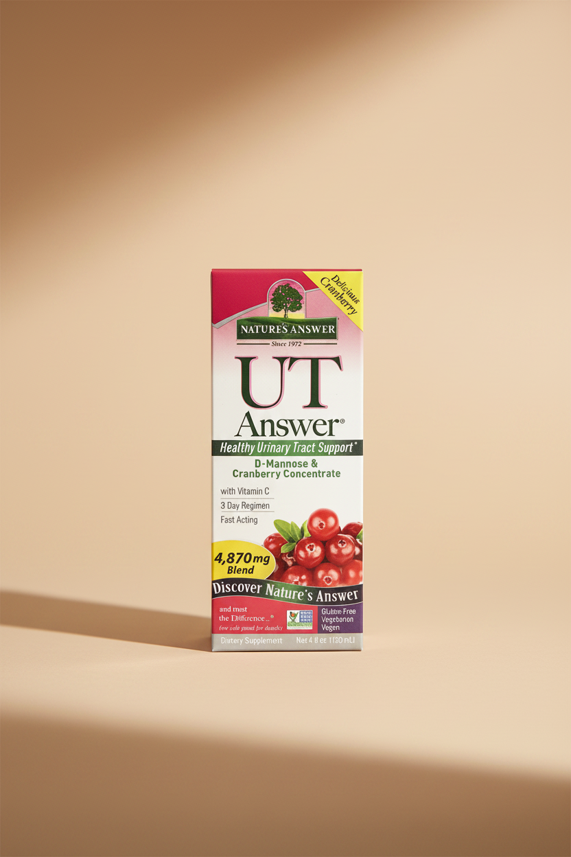 Nature's Answer UT Answer Healthy Urinary Tract Support dietary supplement box featuring cranberry and D-mannose concentrate, with cranberry graphics and product text on a white background.