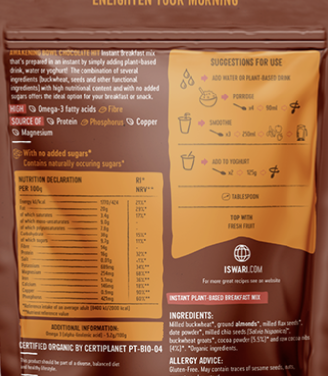 Back of a package with nutritional information and usage instructions for an instant plant-based breakfast mix.