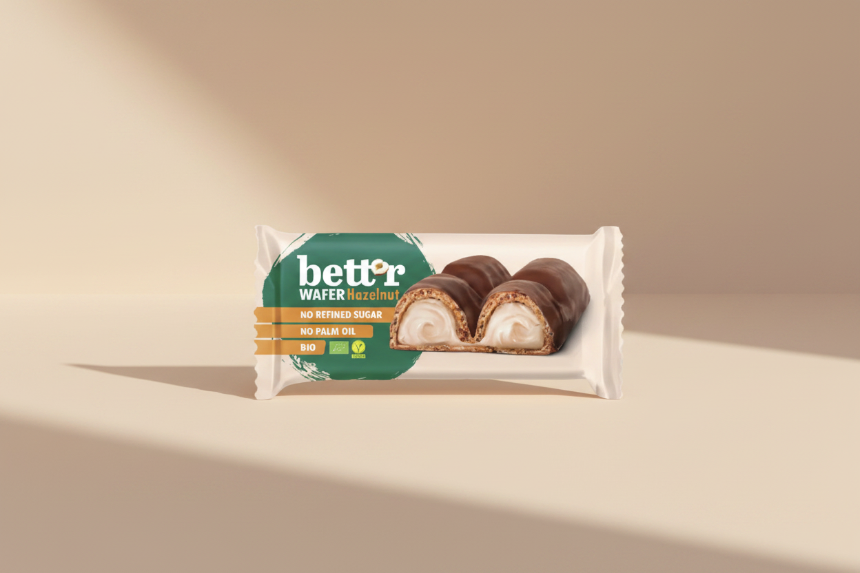 A packaged bar of Better Wafer Hazelnut on a plain white background. The wrapper is cream-colored with a large green logo area and an image of a sliced chocolate-covered wafer roll with a cream filling.