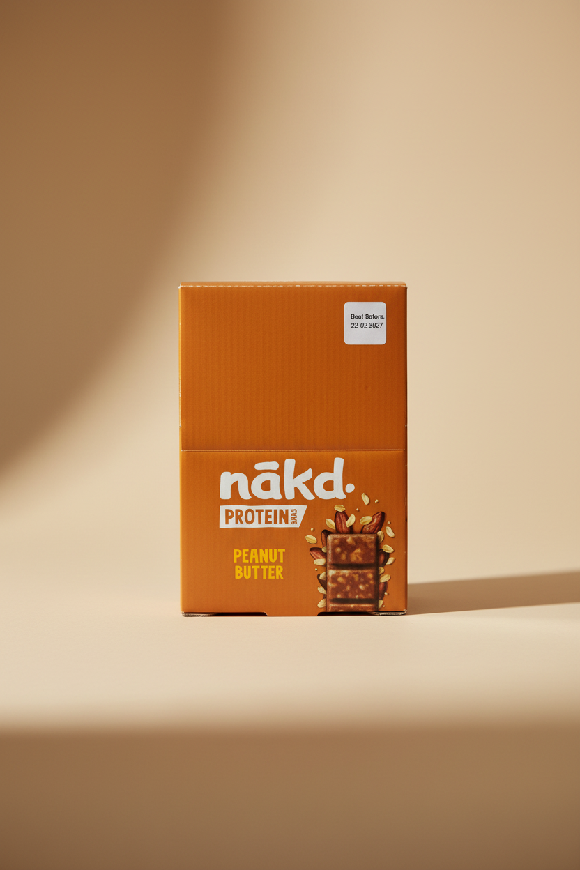 A box of näkd Protein Bars in Peanut Butter flavor, shown against a blurred background of store shelves.