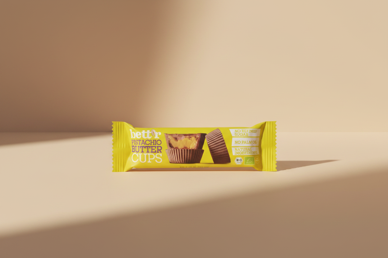 A yellow wrapper for 'better pistachio butter cups' chocolate treats, showing the flavor name and a photo of chocolate cups with pistachio filling.
