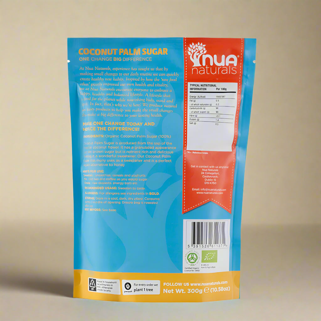 Back view of a Nua Naturals coconut palm sugar package with blue and orange design.