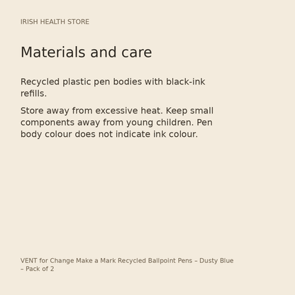 VENT for Change Make a Mark Recycled Ballpoint Pens – Dusty Blue – Pack of 2 materials and care