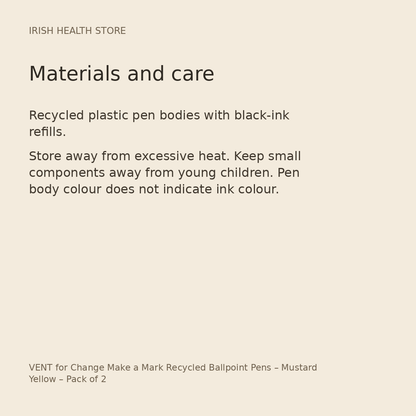 VENT for Change Make a Mark Recycled Ballpoint Pens – Mustard Yellow – Pack of 2 materials and care