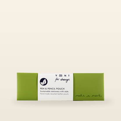 VENT for Change Make a Mark Recycled Leather Pen & Pencil Pouch – Green — product and original packaging