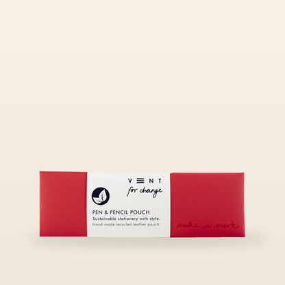 VENT for Change Make a Mark Recycled Leather Pen & Pencil Pouch – Red — product and original packaging
