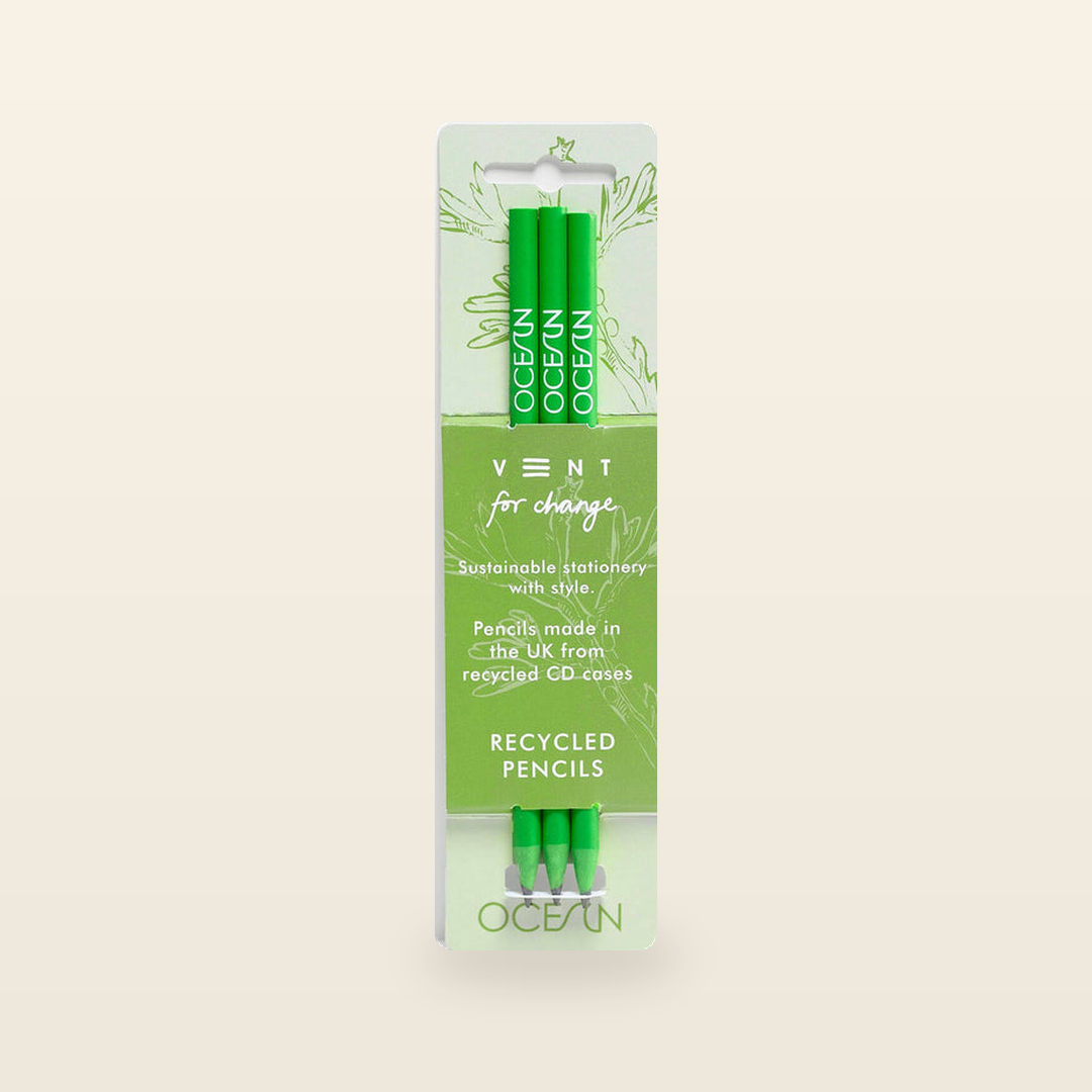 VENT for Change Ocean Recycled Pencils – Algae Green – Pack of 3 — product and original packaging