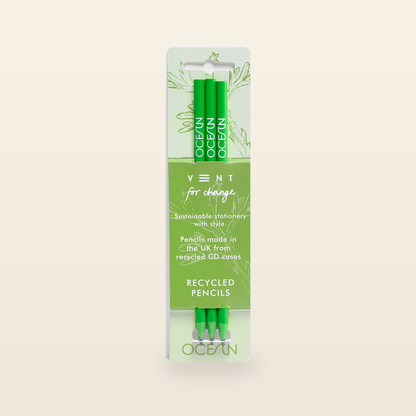 VENT for Change Ocean Recycled Pencils – Algae Green – Pack of 3 — product and original packaging