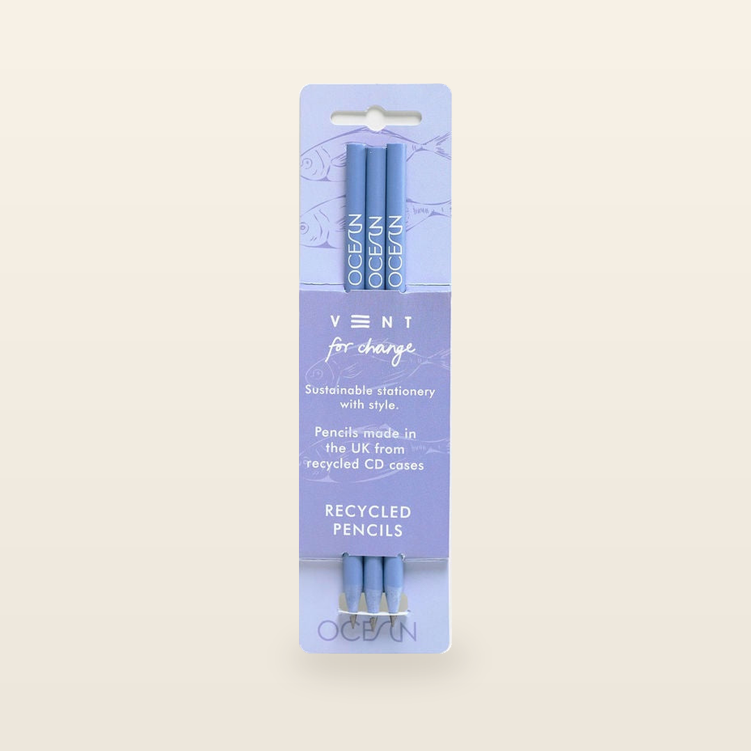 VENT for Change Ocean Recycled Pencils – Sea Blue – Pack of 3 — product and original packaging
