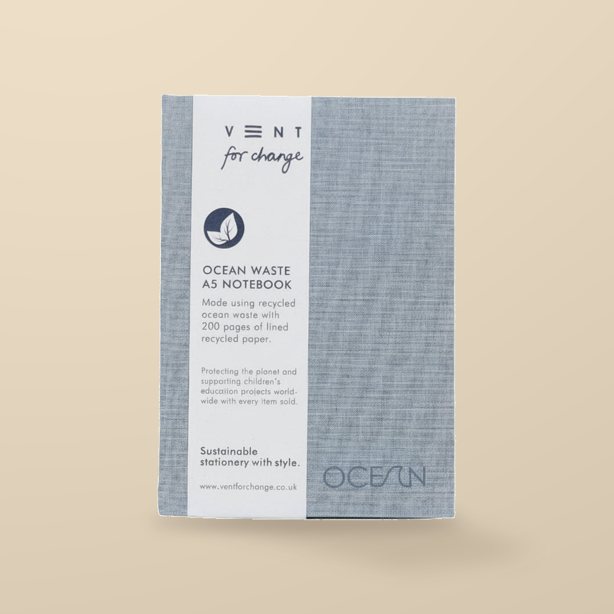 VENT for Change Ocean Sea Blue A5 Notebook – 200 Lined Pages — original product packaging on warm beige background