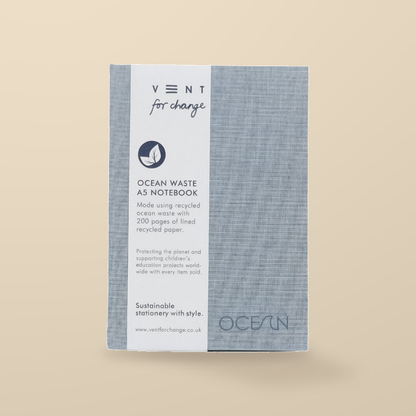 VENT for Change Ocean Sea Blue A5 Notebook – 200 Lined Pages — original product packaging on warm beige background