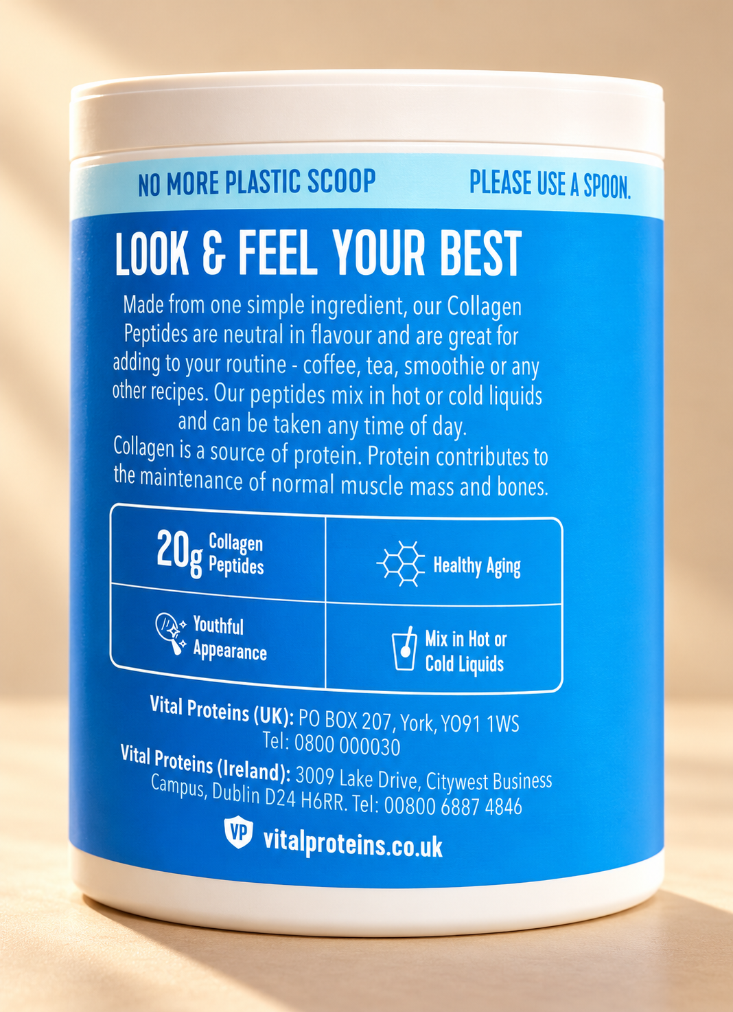 Vital Proteins Collagen Peptides 284g product information on a premium warm beige studio background