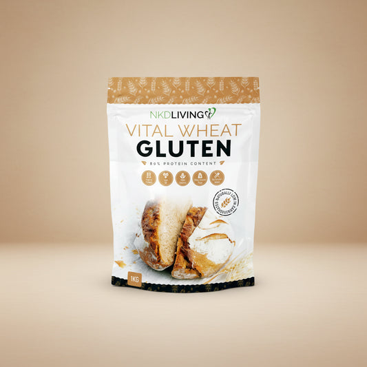 Package of NKD Living Vital Wheat Gluten with bread image on a white background
