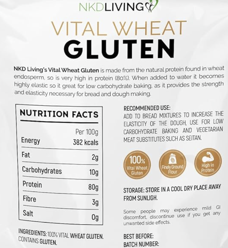 Label for NKD Living Vital Wheat Gluten with nutritional information and usage details.