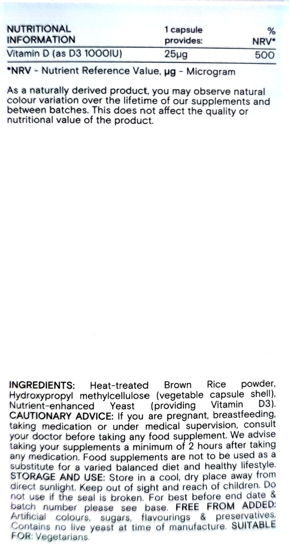 Wild Nutrition Vitamin D label showing 25mcg vitamin D3 (1000 IU) per capsule and 500% NRV